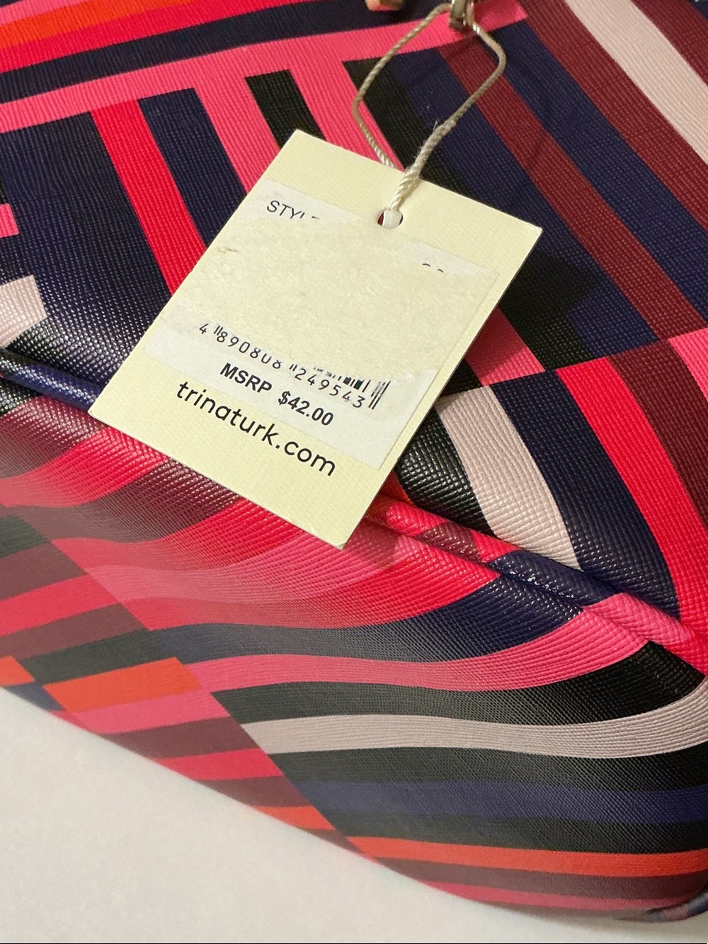 Trina Turk NWT Multicolor Striped Cosmetic Case Bag Pink Navy Coral Black White - Picture 8 of 9